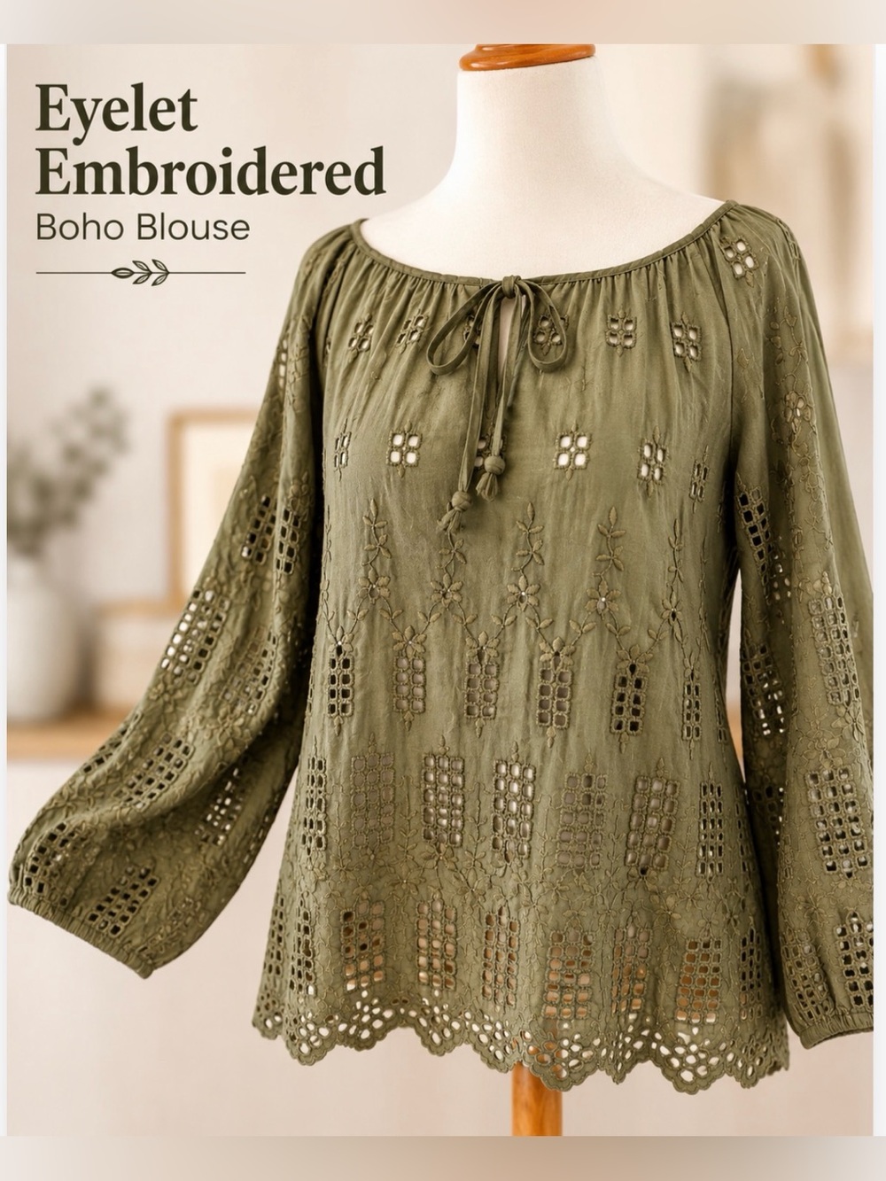 Love and Liberty Olive Embroidered Eyelet Boho Peasant Blouse Size S